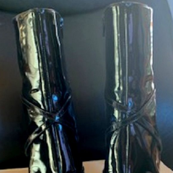 Charles Jourdan Black Leather Lacquer Boots Zip Up Sculpted Heel Sz: 6 1/2 - Picture 7 of 8